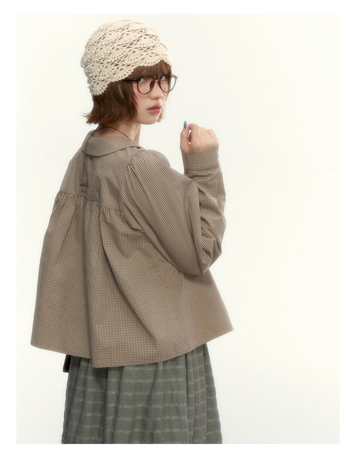 "The Vintage Darling" Light Coffee Plaid Cotton Peter Pan Collar Blouse
