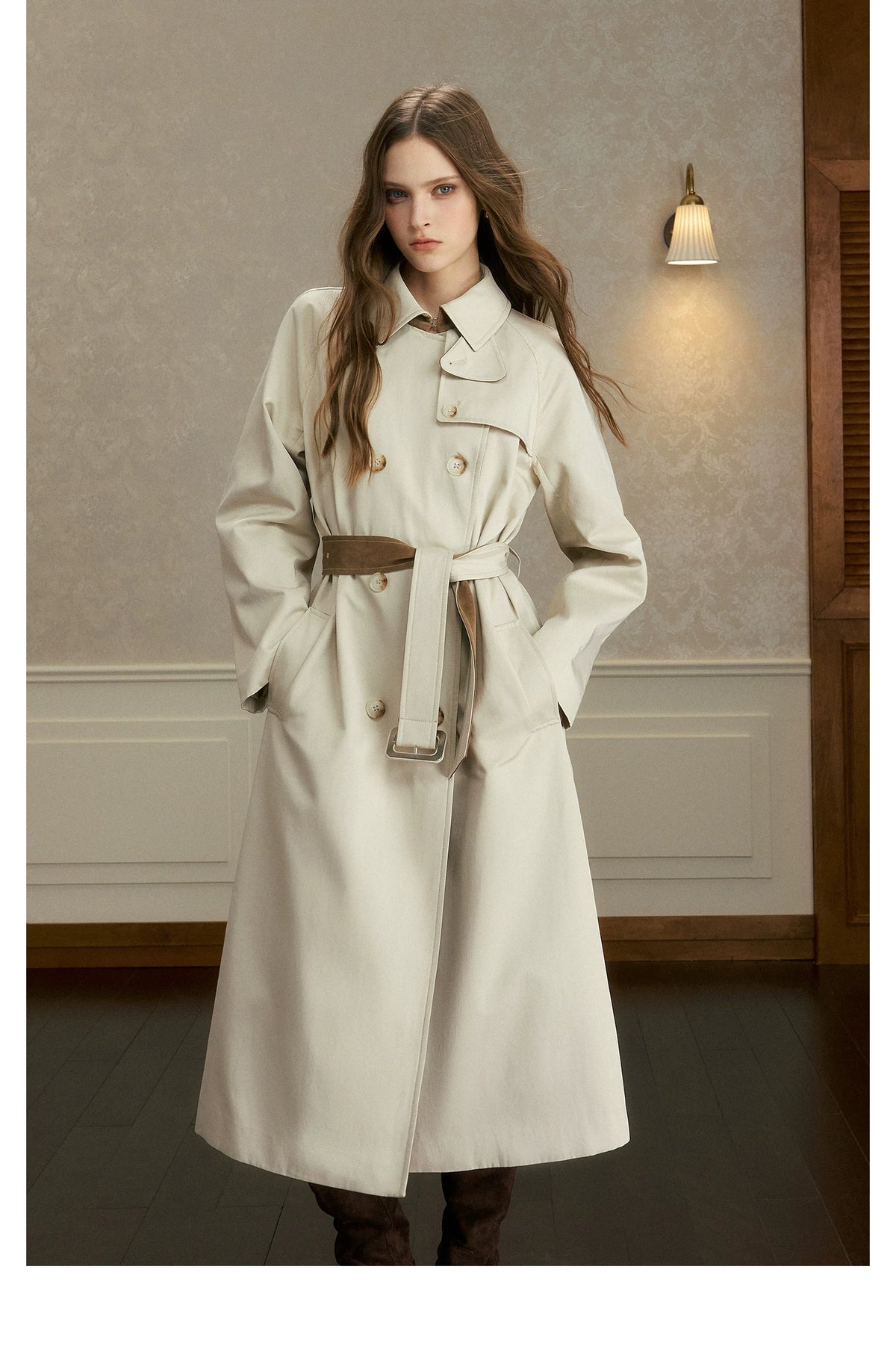 oshea - Moonlight Gray Double-Breasted Belted Long Trench Coat