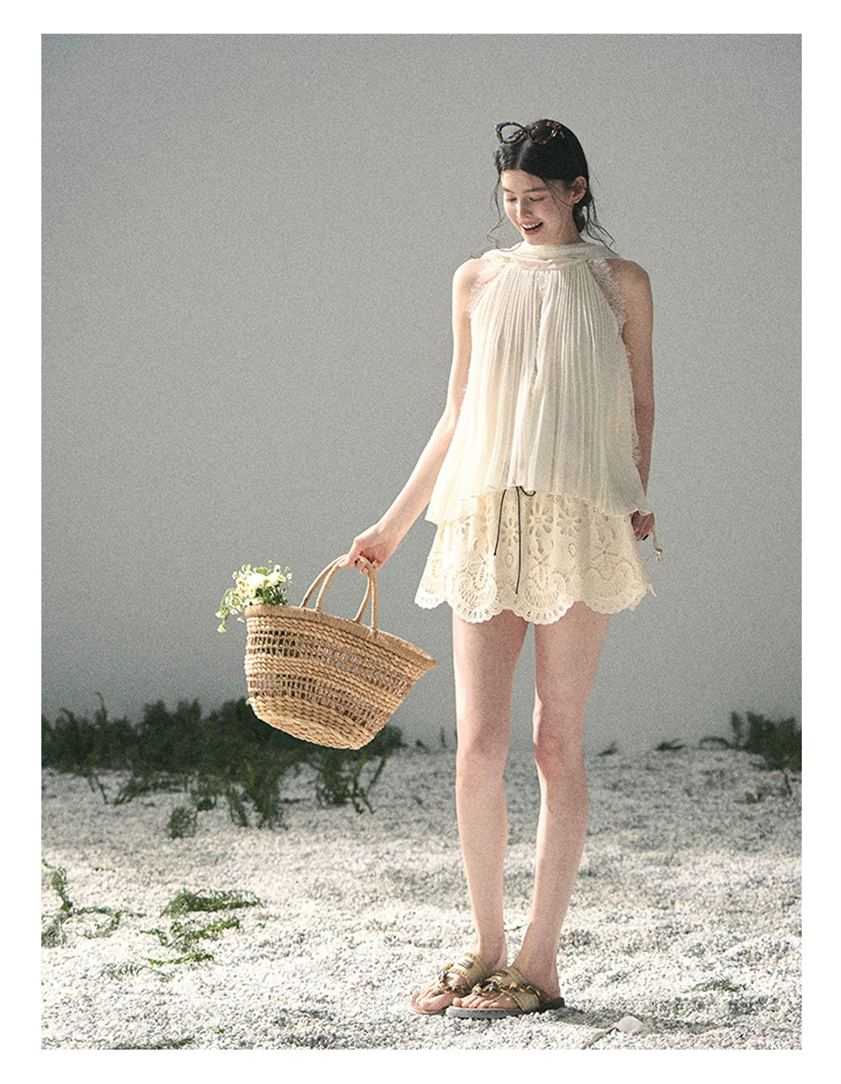 “Summer Light Through Pleats” Ivory Lace Pleated Halter Blouse
