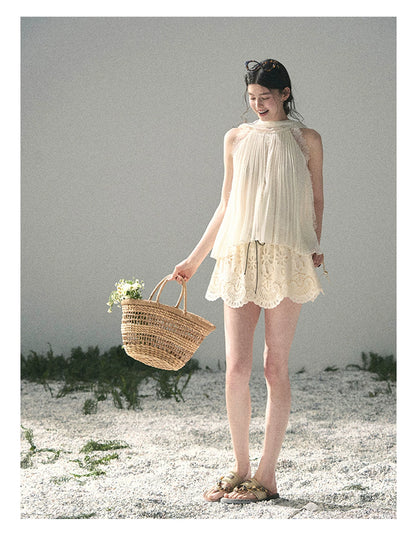 “Summer Light Through Pleats” Ivory Lace Pleated Halter Blouse