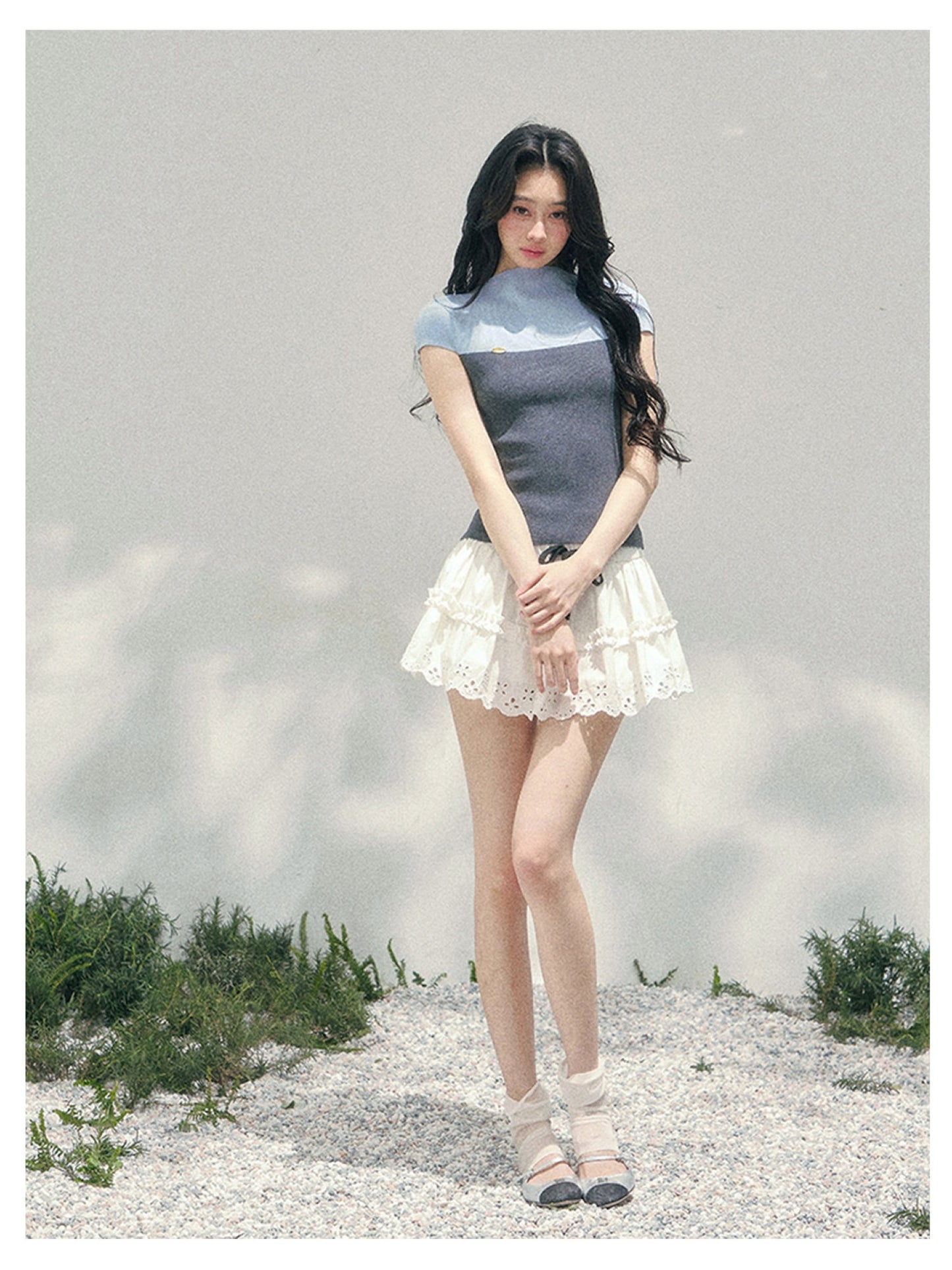 少也眼 “Embers of the Mind” Deep Rock Gray Faux Two-Piece Knit Top 137