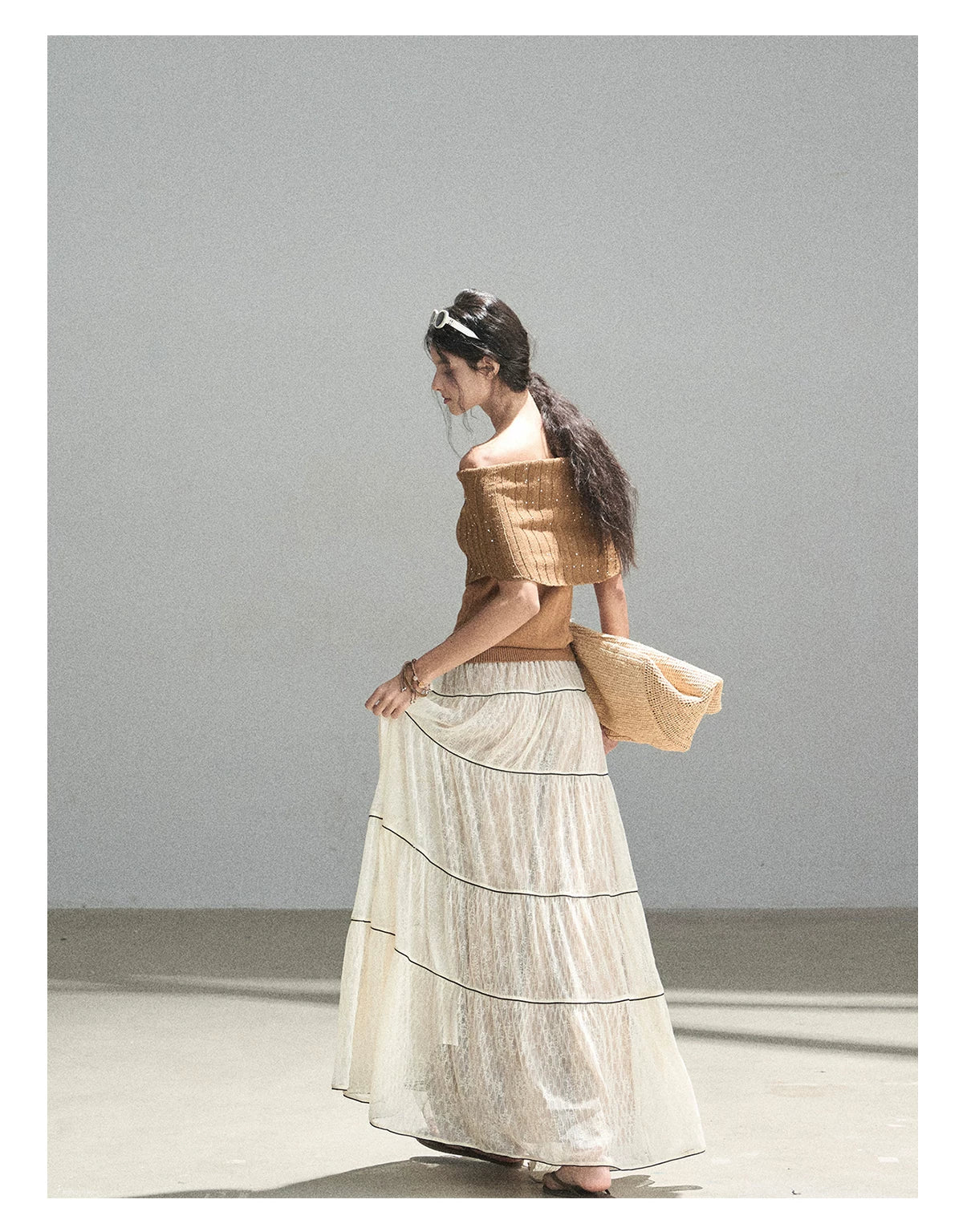 "Mist Through the Woods" Creamy Apricot White Lace Maxi A-Line Skirt
