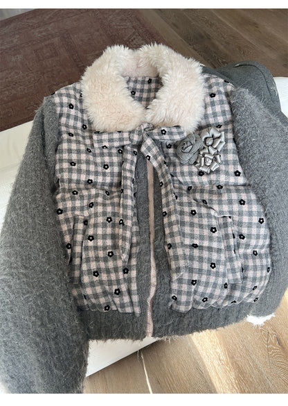 阮阮自制 - "Mist Isle Sakura" Faux-Layered Plaid Fur-Collar Puffer Jacket