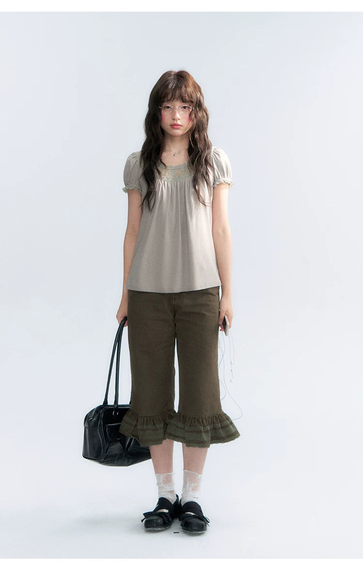 "Vintage Cream" Milk Gray Lace Trim Puff Sleeve T-Shirt