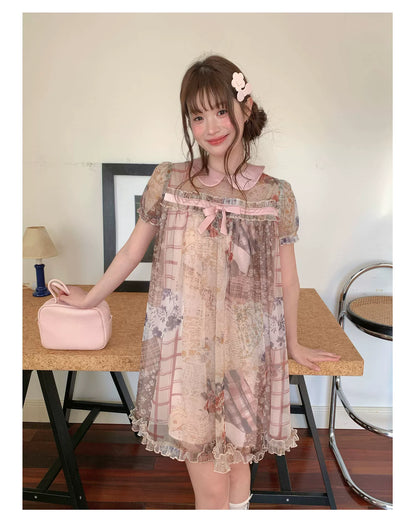 [RF] “Vintage Storybook” Light Brown Tea Patchwork Print Mini Dress
