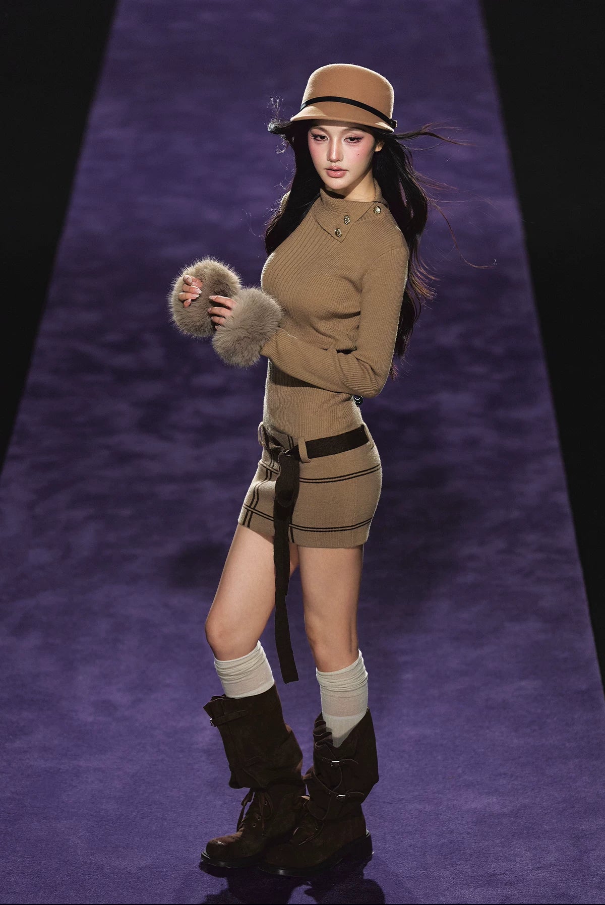 "Winter Whisper" Light Khaki Mock Neck Knit Mini Dress