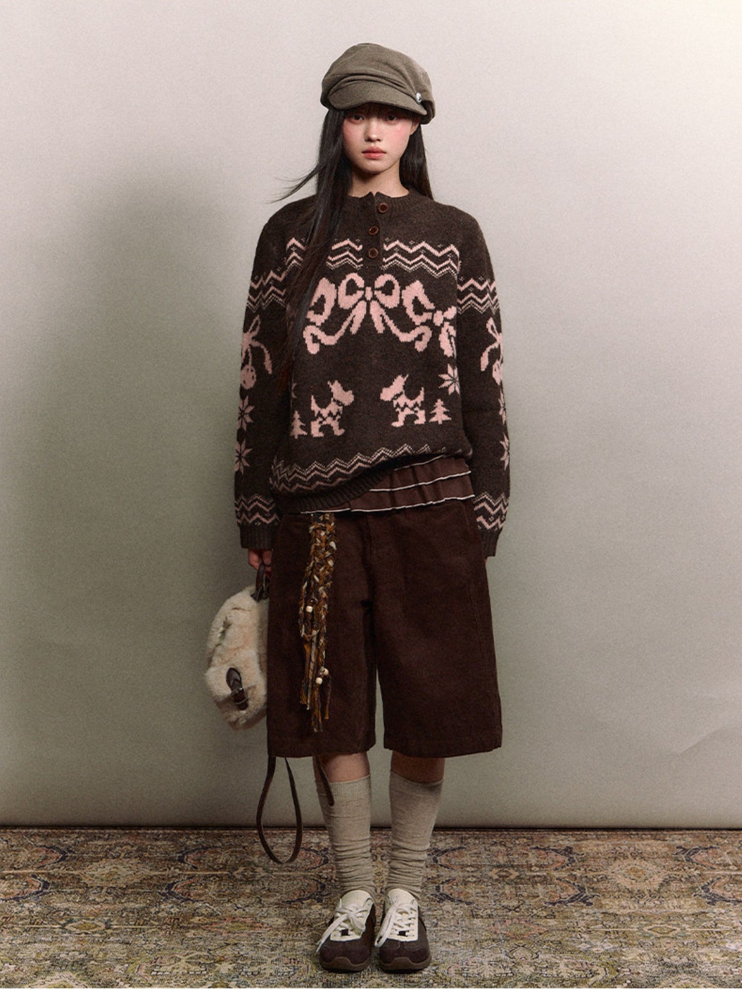 Soote Season - Fair Isle Cinnamon Bow Henley Knit Sweater