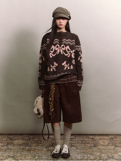 Soote Season - Fair Isle Cinnamon Bow Henley Knit Sweater