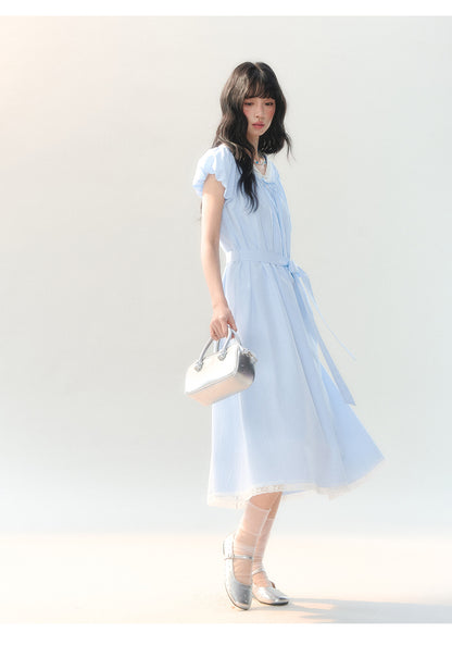 [CAN] "Cloud Daydream" Sky Blue Plaid Lace V-Neck Puff Sleeve Dress
