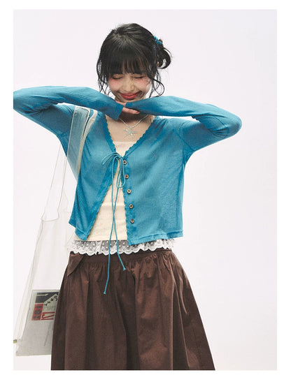 "Comfort Corner" Tie-Front Knit Cardigan (Melon Green/ Peacock Blue)