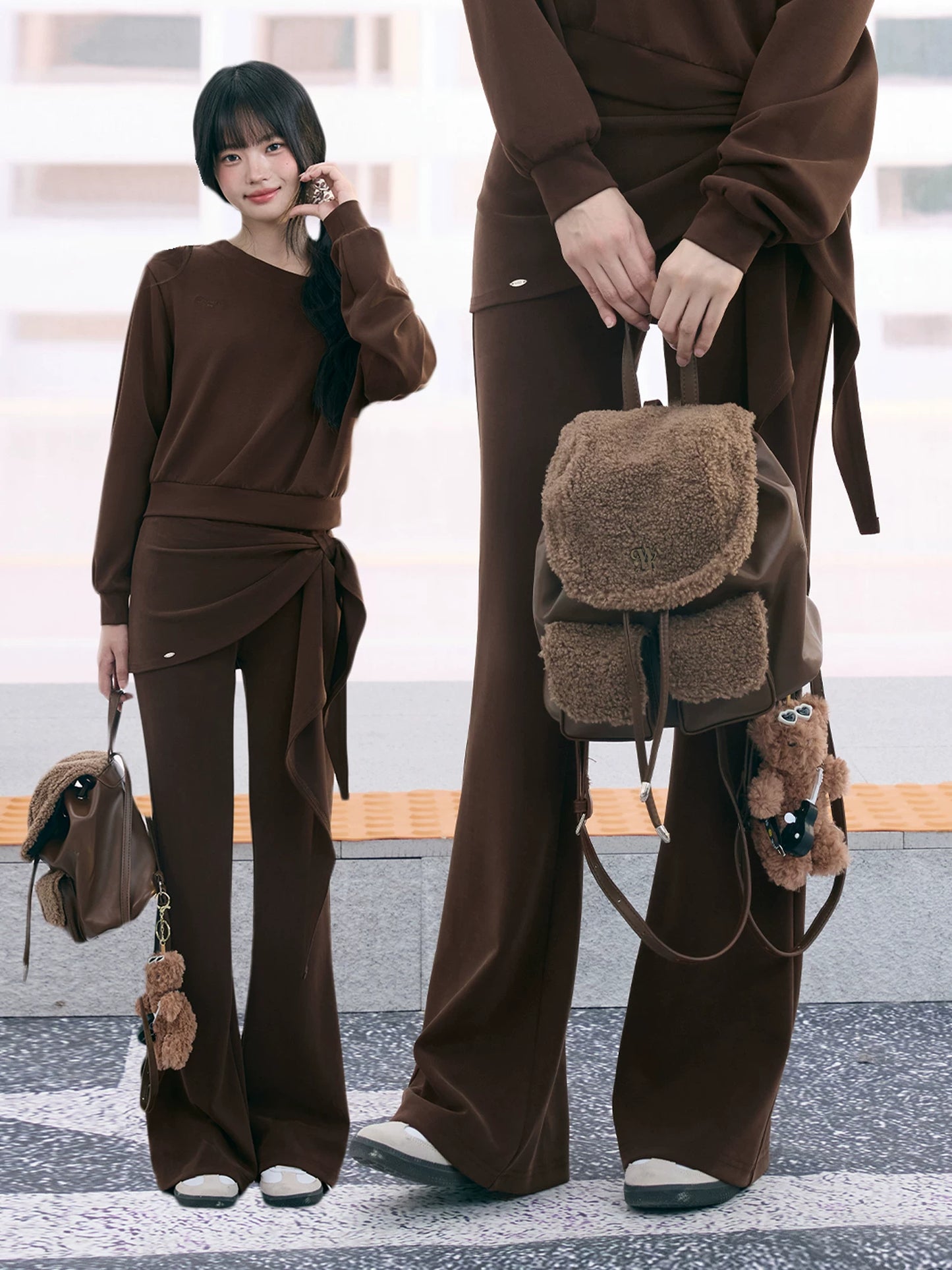 "City Departure" Brown Layered Tie-Waist Flared Pants