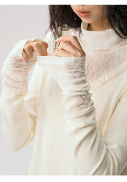 [CAN] “Cream Cloud” Ivory Lace Ruffle High-Neck Top