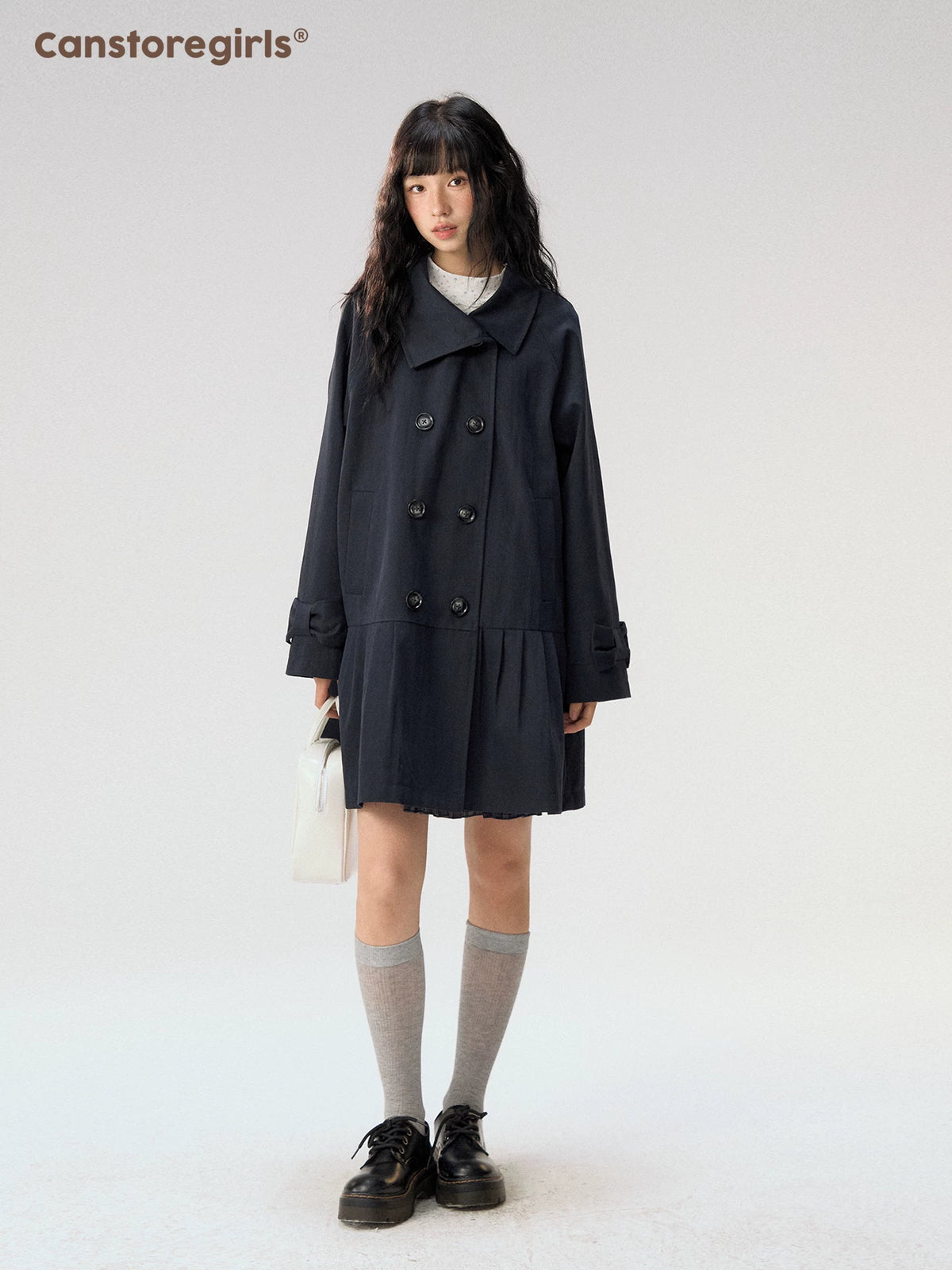 [CAN] "Azure Echoes" Navy Double-Breasted Bow Long Trench Coat