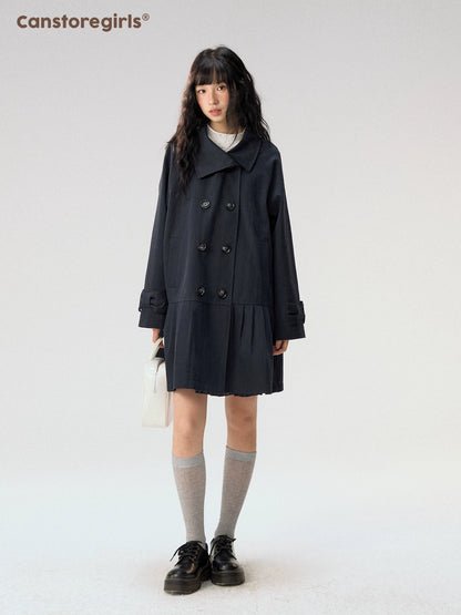 [CAN] "Azure Echoes" Navy Double-Breasted Bow Long Trench Coat