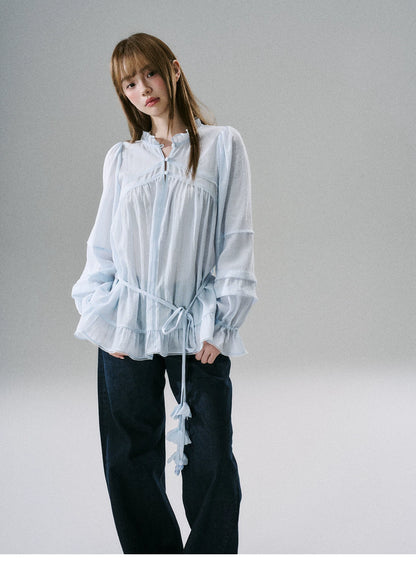 LOST FOREST - Acetate Flower Belt Detail Relaxed Top (White / Blue)