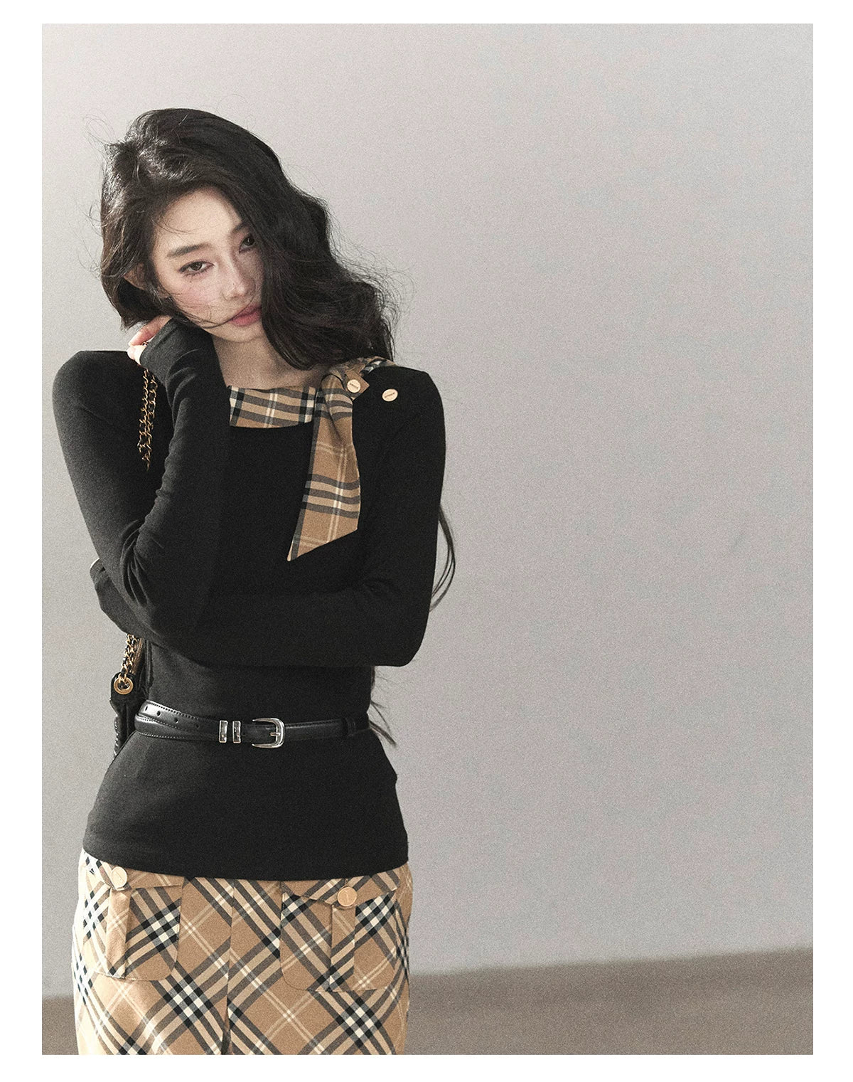 AOMALM - Black Knit Top & Light Smoky Brown Plaid Skirt Set with Belt