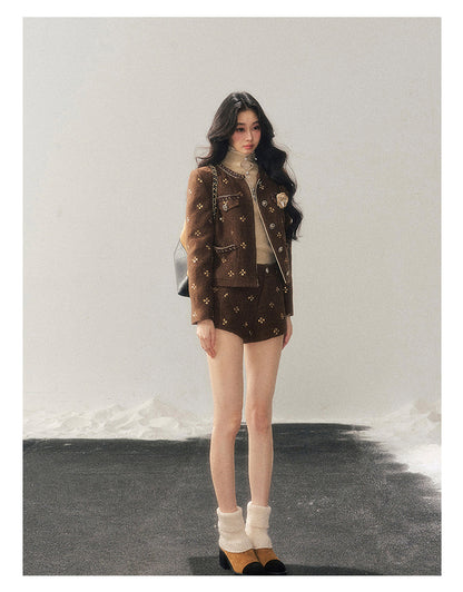 少也眼 "Deep Winter Wutong" Quilted Wool Tweed Two-Piece Set