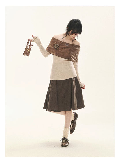 "Vintage Contrast" Brown Apricot Off-Shoulder Floral Knit Top