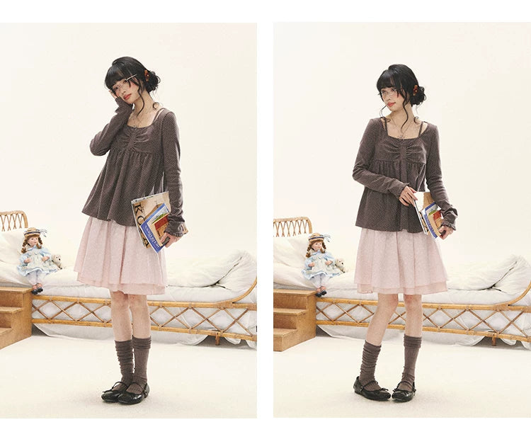 "Sweet Favorite" Polka Dot Faux-Layer Bow Knit Top (Gray Brown/ Blush Pink)