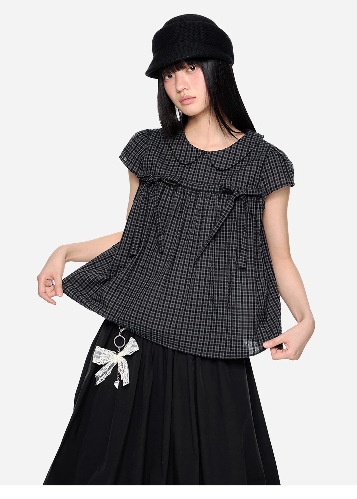 EZEK | Peter Pan Collar Gingham Shirt with Bubble Sleeves