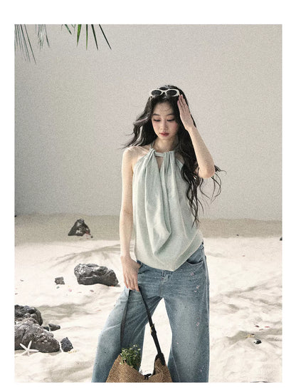 "Flowing Silk Reverie" Light Bean Green Halter Backless Top 536845