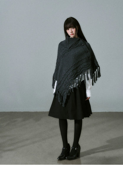 LOST FOREST - Wool-Blend Bow Graphic Fringe Cape Shawl (Coffee / Dark Gray)