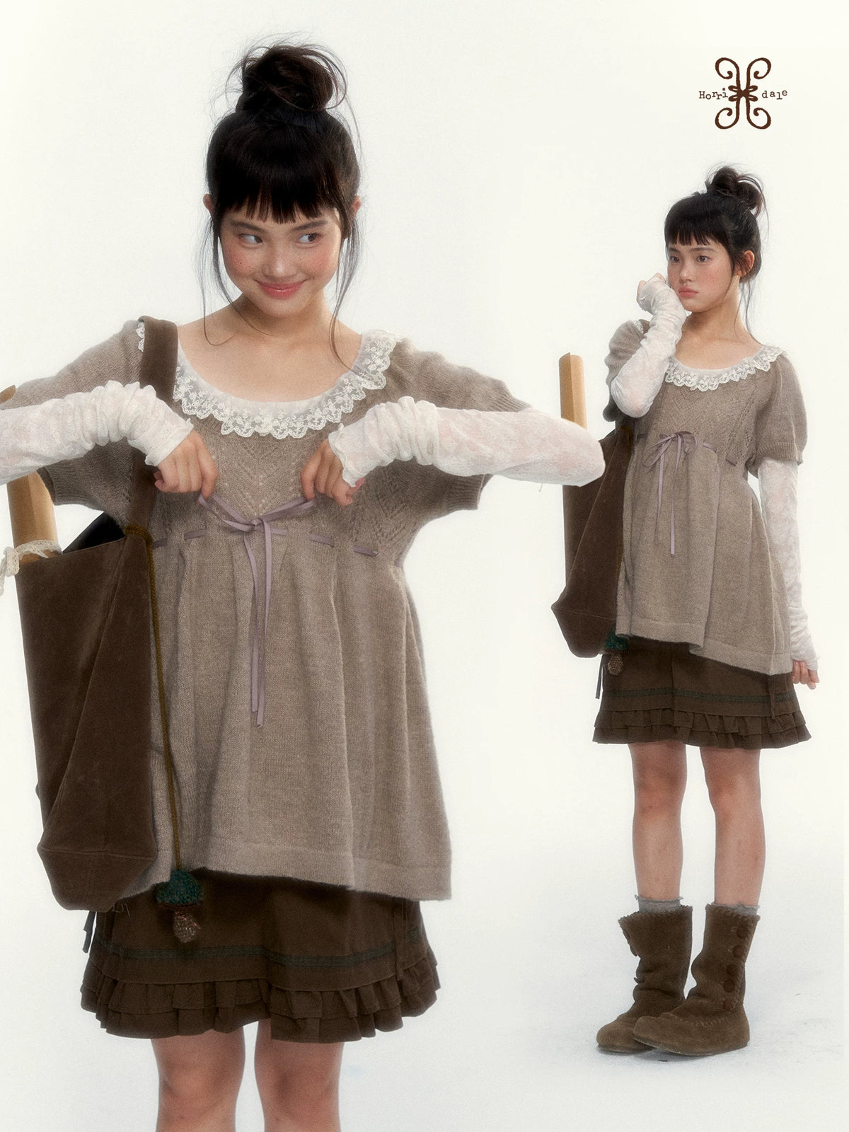 “Cloud Pleats” Chestnut Mist U-Neck Bow-Tie Puff Sleeve Knit Sweater