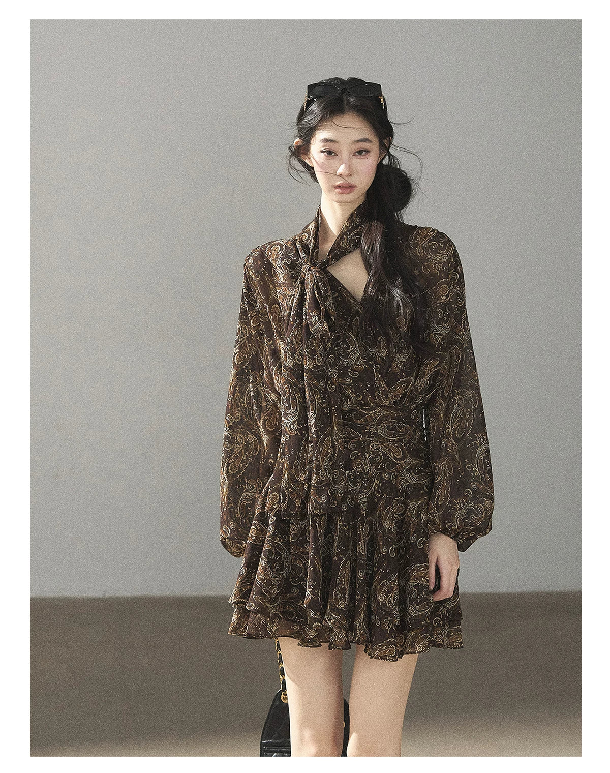 "Wait for a Tree of Blossoms" Cocoa Brown French Long-Sleeve Chiffon Dress (+ Camisole)