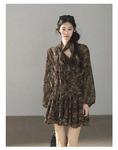 "Wait for a Tree of Blossoms" Cocoa Brown French Long-Sleeve Chiffon Dress (+ Camisole)