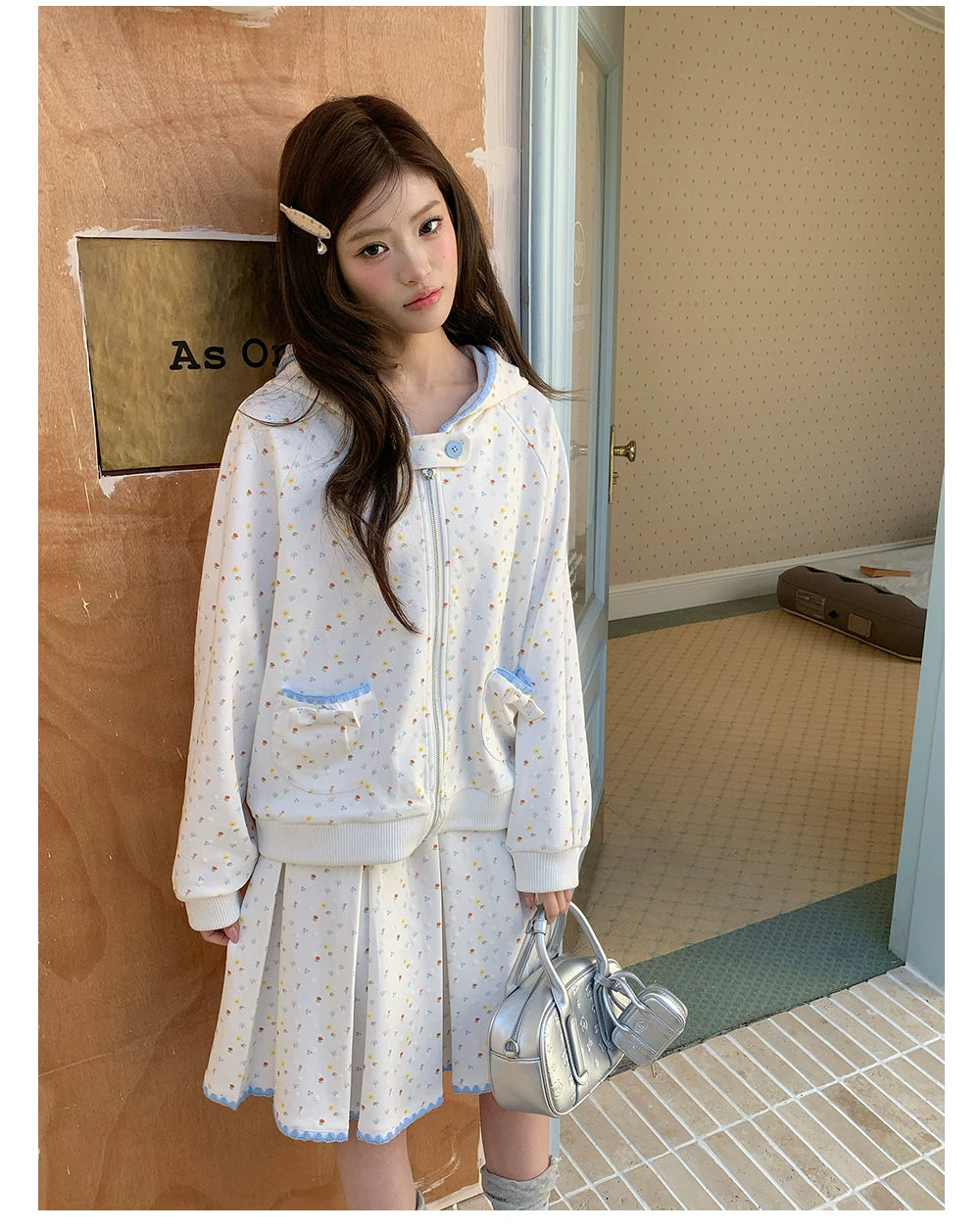 “Snow Bunny Reverie” Ivory Rabbit Ear Hoodie & Floral Pleated Mini Skirt