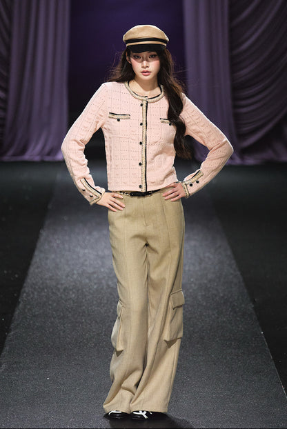 "Rosé Tweed" Pink Openwork Knit Cropped Cardigan