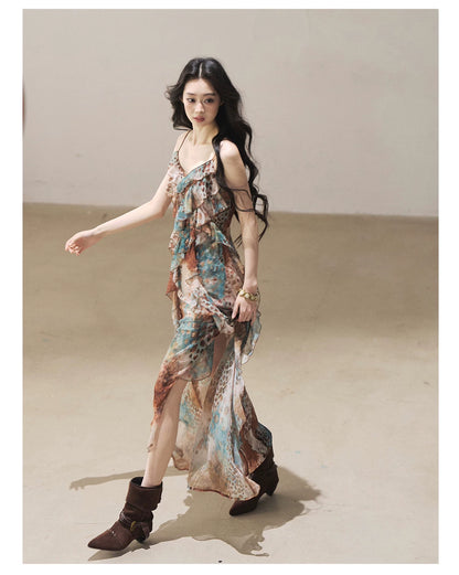 "She Never Looks Back" Peacock Blue Leopard Chiffon Maxi Dress