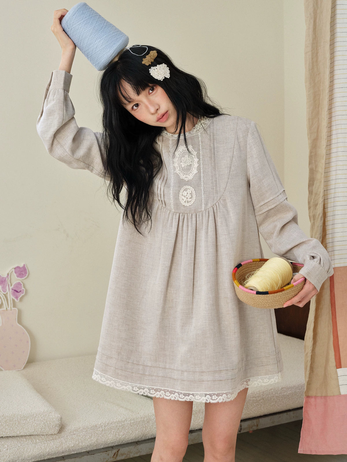 DAILY ARTIST - “Pale Twilight Sequence” Vintage Lace Appliqué Babydoll Dress (Light Brown / Pale Yellow)