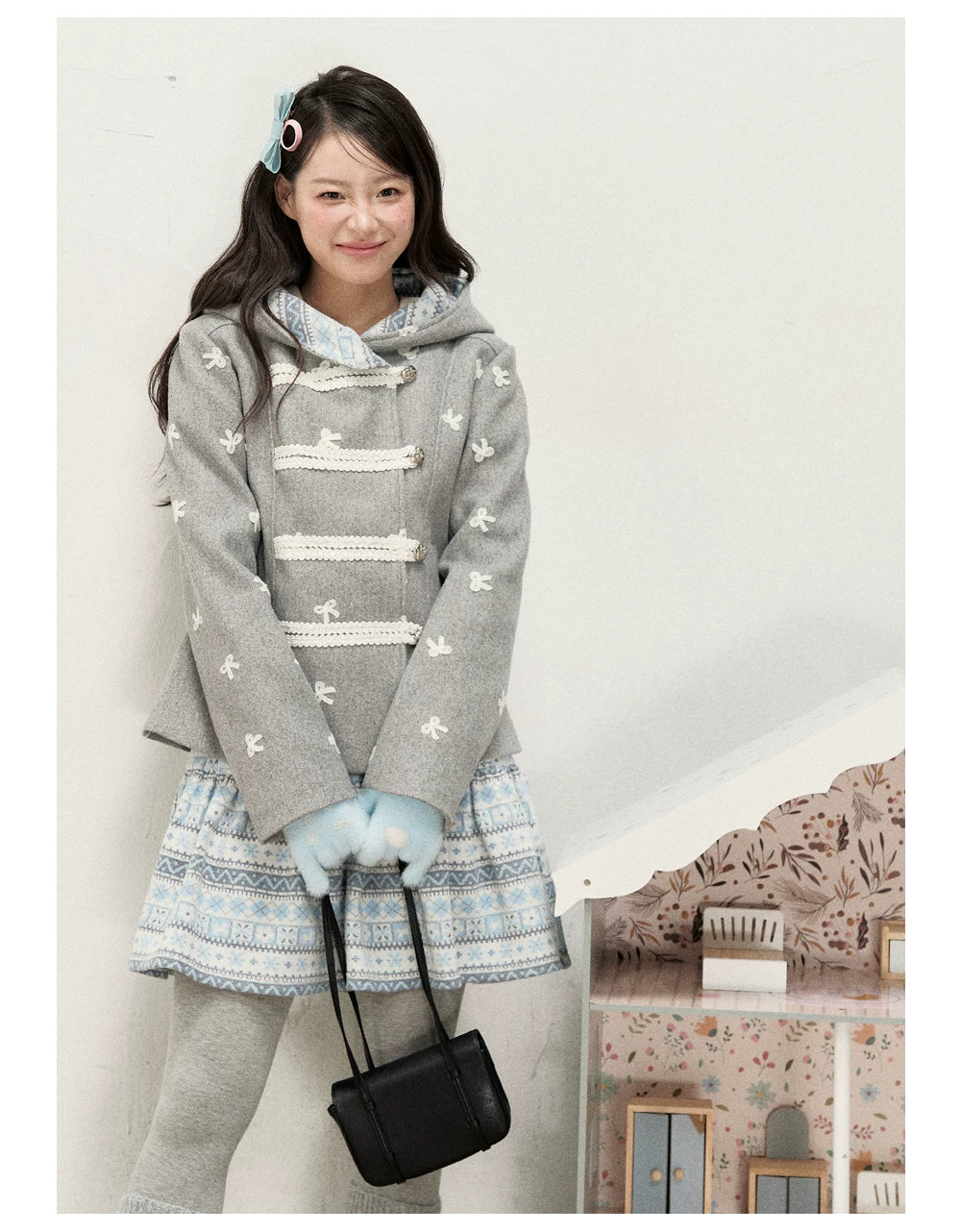 [RF] Heather Gray Vintage Jacquard Hooded Jacket with Frost Mist Blue Details