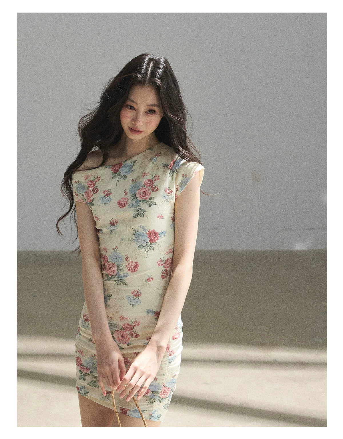 "Flowers & Sunlight" Dutch Cream Off-Shoulder Mesh Bodycon Mini Dress