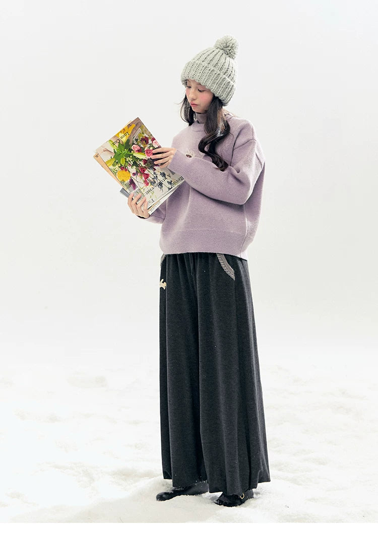 "Bunny Tea Party" Fleece-Lined Balloon Wide-Leg Pants (Hazelnut Brown/ Midnight Gray)