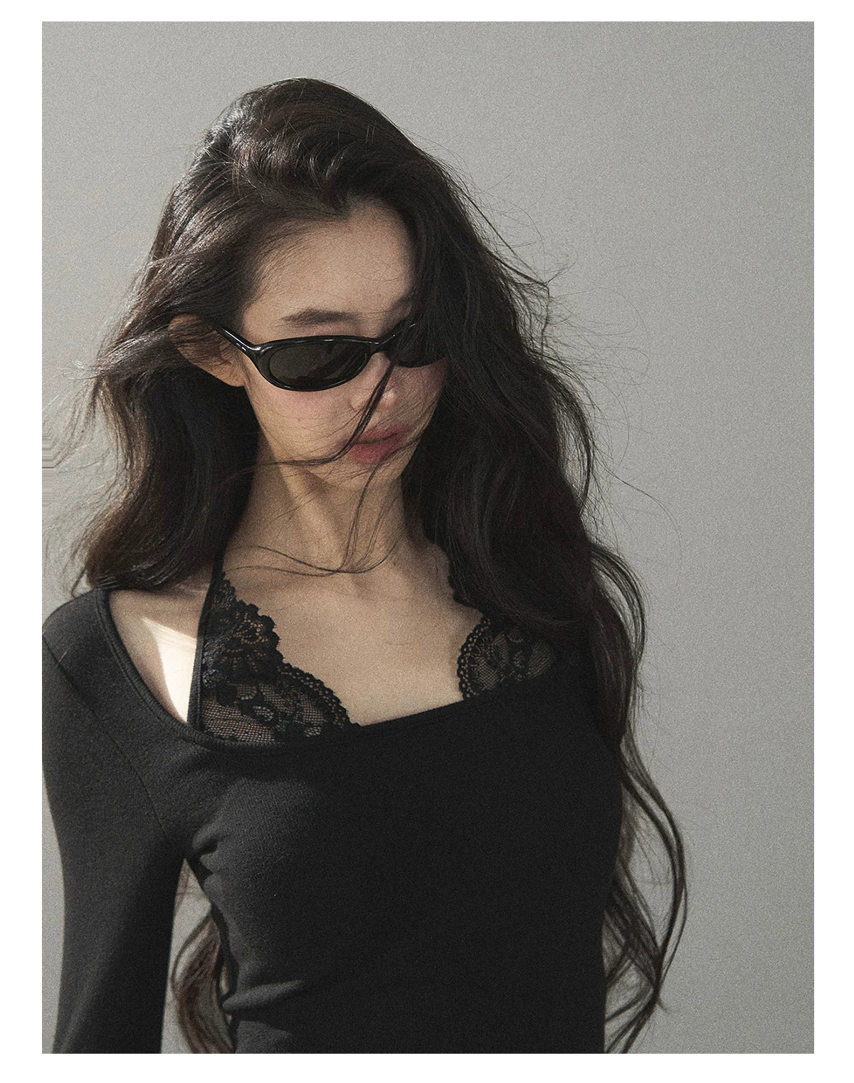 AOMALM - "Flowers at Dusk" Black Faux-Layer Lace Halter Knit Top