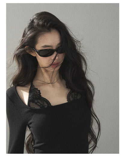 AOMALM - "Flowers at Dusk" Black Faux-Layer Lace Halter Knit Top