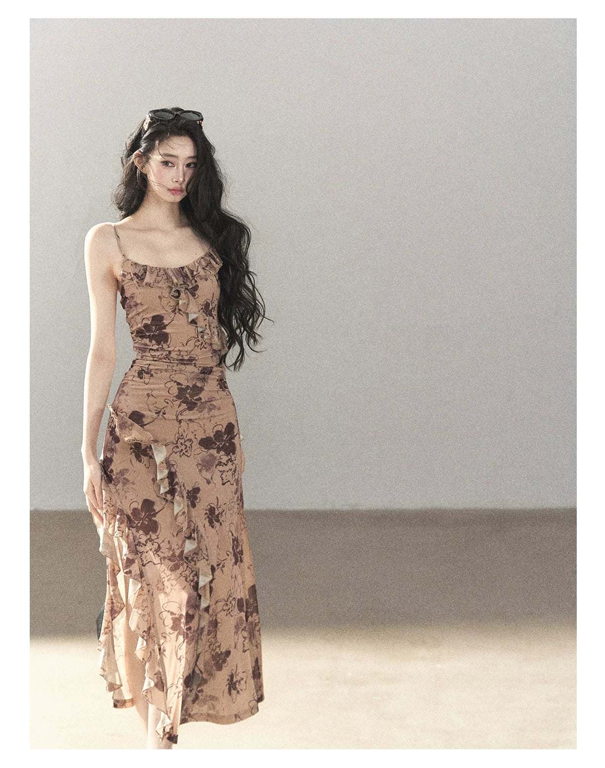 AOMALM - "Wildflower Date" Milk Tea Brown Ruffle Floral Maxi Dress (With Matching Hair Tie)