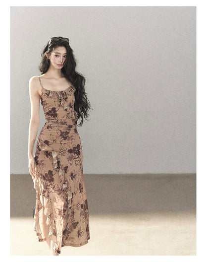 AOMALM - "Wildflower Date" Milk Tea Brown Ruffle Floral Maxi Dress (With Matching Hair Tie)