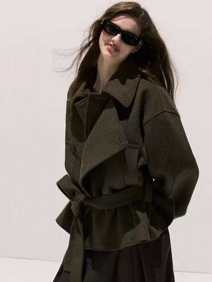 OAKMOO/ "The Flowers Are in Full Bloom" Jade Green Wool-Blend Short Belted Coat