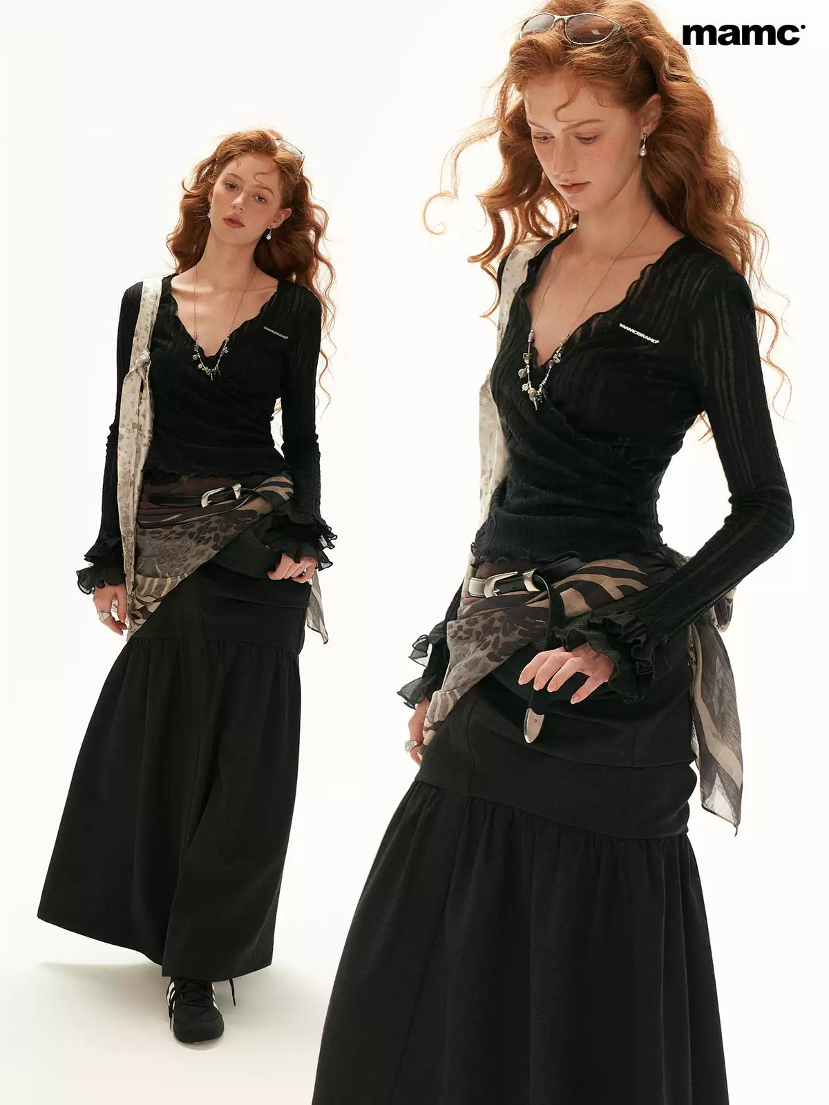 MAMC - Black Wool-Blend Lace Wrap Cardigan with Ruffle Sleeves