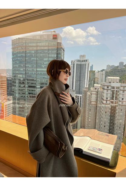 QuQuOuYang - 100% Wool Double-Face Belted Coat with Convertible Collar