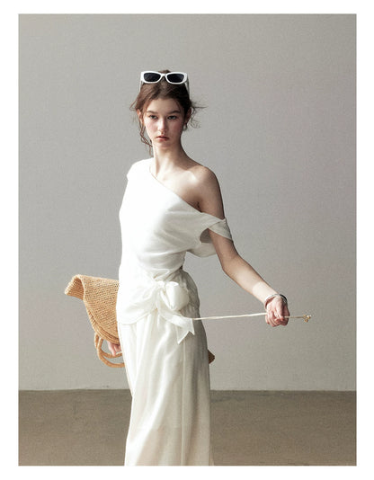 "Her Moonlight" Camellia White Off-Shoulder Top & Wide-Leg Pants Set