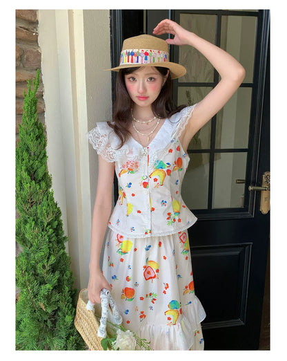 “Honeyfruit Summer Breeze” Beige Printed Skirt Set