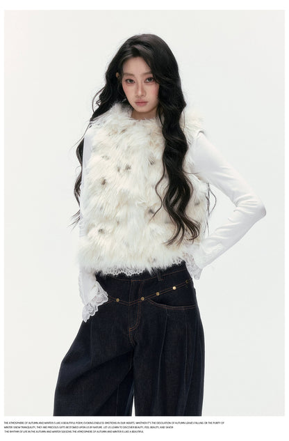 24olvides - Winter Mood Faux Fur Hooded Vest (Pink / Khaki / Cream White with Polka Dots)