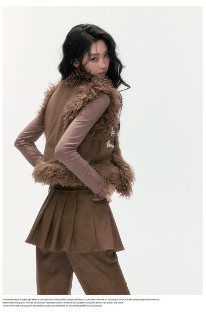 24olvides - Faux Suede Faux Shearling Vest with Pearl Buttons (White / Brown)