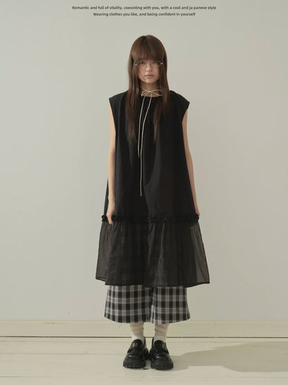 "Floating Veil" Mesh Panel Layering Maxi Dress (Black / White)