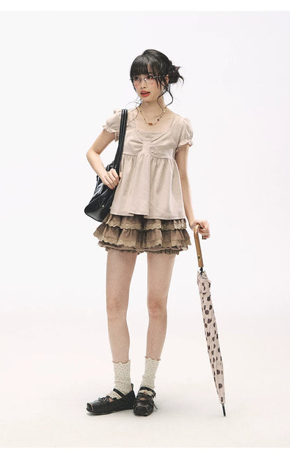 "Sweetheart Crew" Polka Dot Faux Two-Piece Bow Knit Short Sleeve Top
