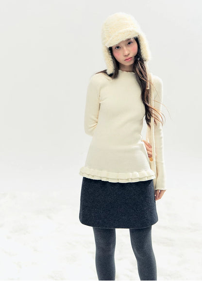 "Soft Whisper" Ruffle Mock Neck Ribbed Knit Top (Ivory/ Smoky Gray)